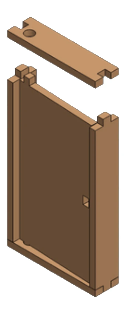 Step 4: Fit the top bar onto the posts. Its hole holds the top pin of the door.