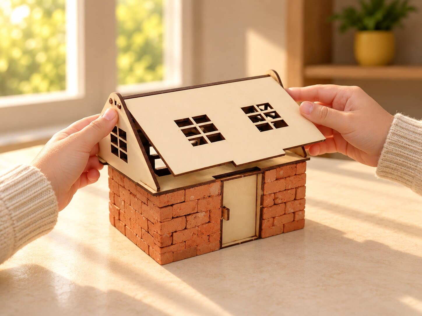 Two hands put the wooden roof on the brick walls of the Play House
