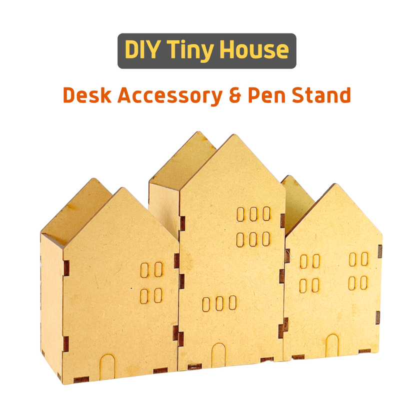 littleplay Pinewood DIY Tiny House - (Set of 3), Aesthetic looking Pen Stand & Desk Organizer, Birthday & Return Gifts, Ages 3+