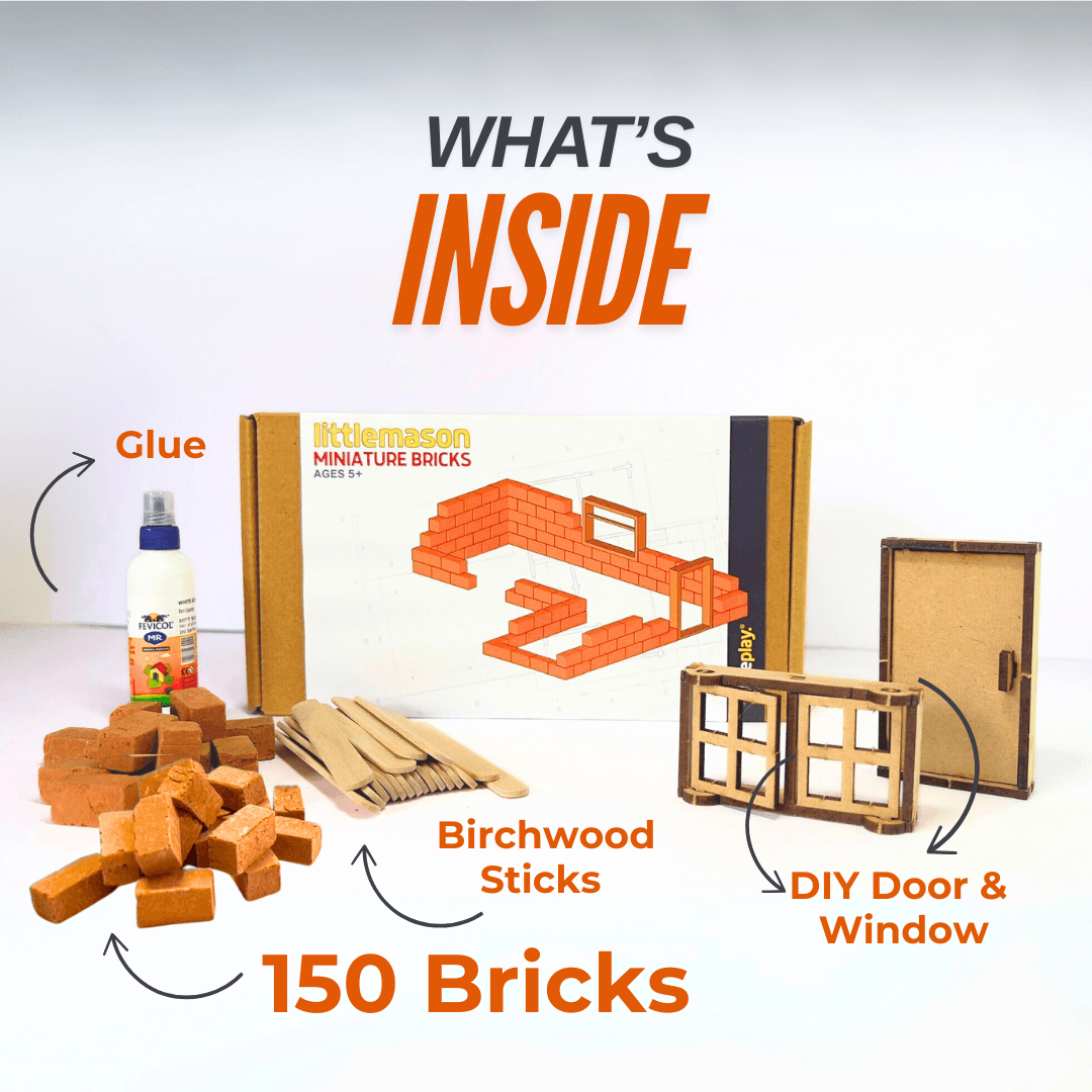 Contents of the 150 miniature bricks cottage kit with door and window