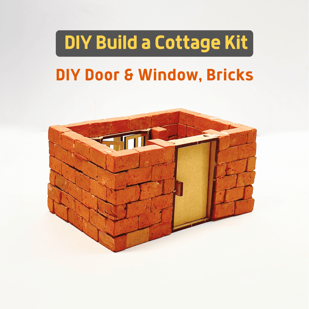 Miniature brick cottage kit showing real clay bricks and wooden parts