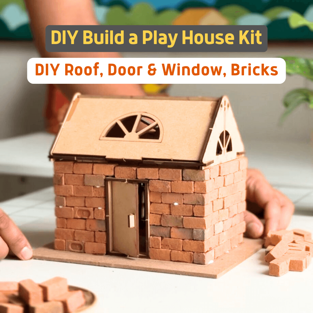 DIY play house kit with 150 miniature clay bricks and wooden roof