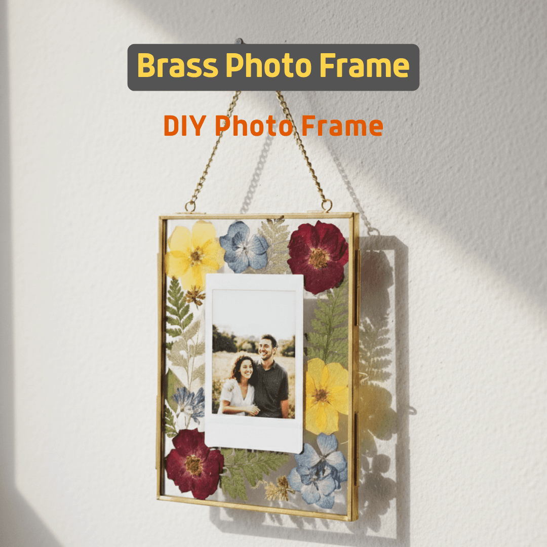 Vintage golden metal photo frame with lock and hanging chain