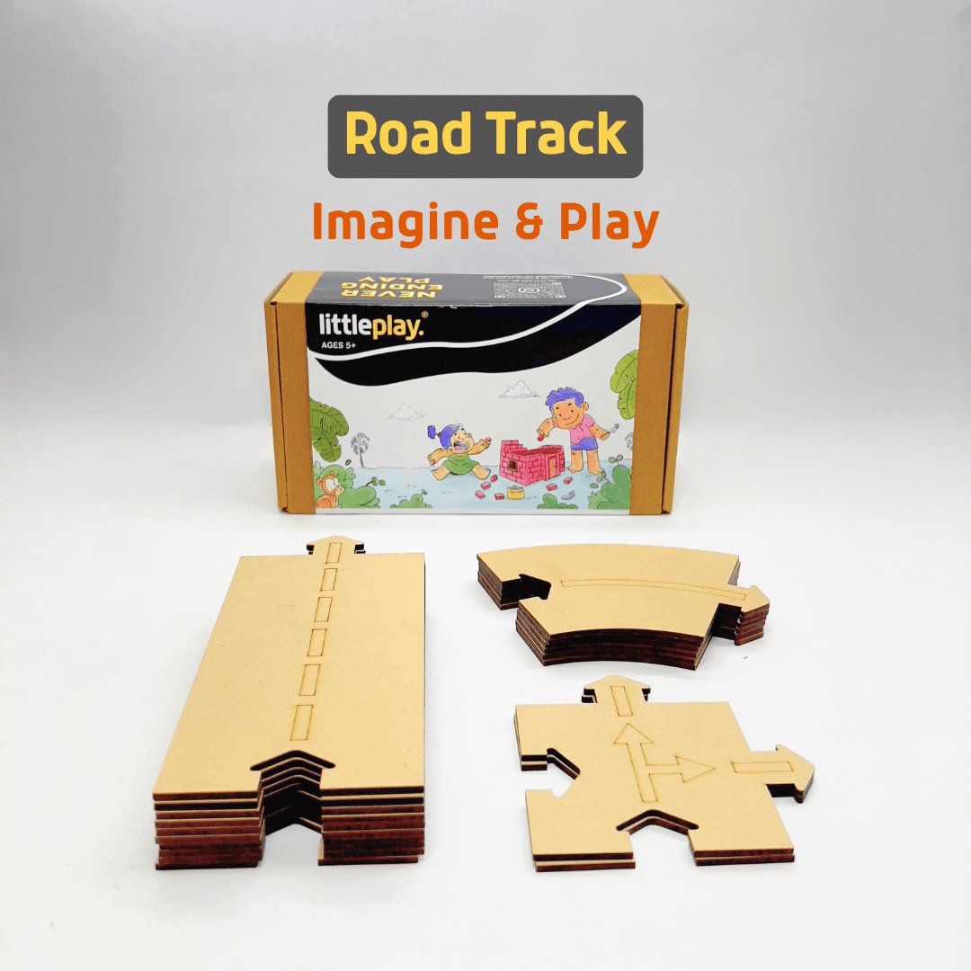 18 piece wooden road track set arranged with curves and junctions