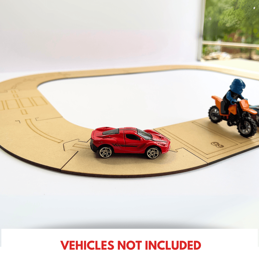 Wooden road track kit shown without toy vehicles included
