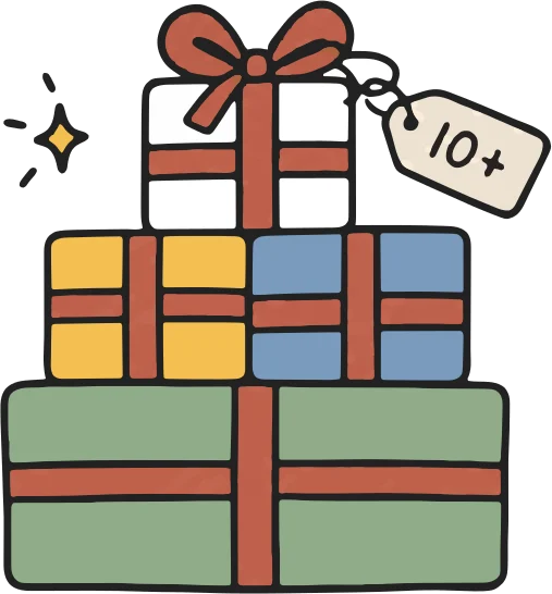 A stack of wrapped kits with a tag that says 10 plus