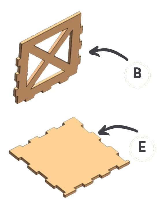 Step 1: Fit side B onto the base E.