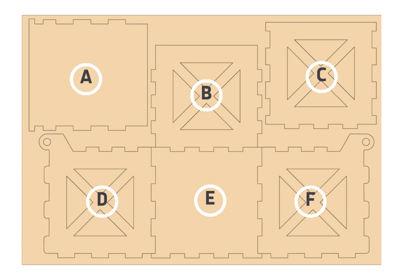 The 6 panels of the crate, A to F, in their frame