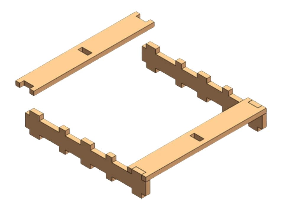 Step 1: Lay the two notched rails. Fit a board across each end.