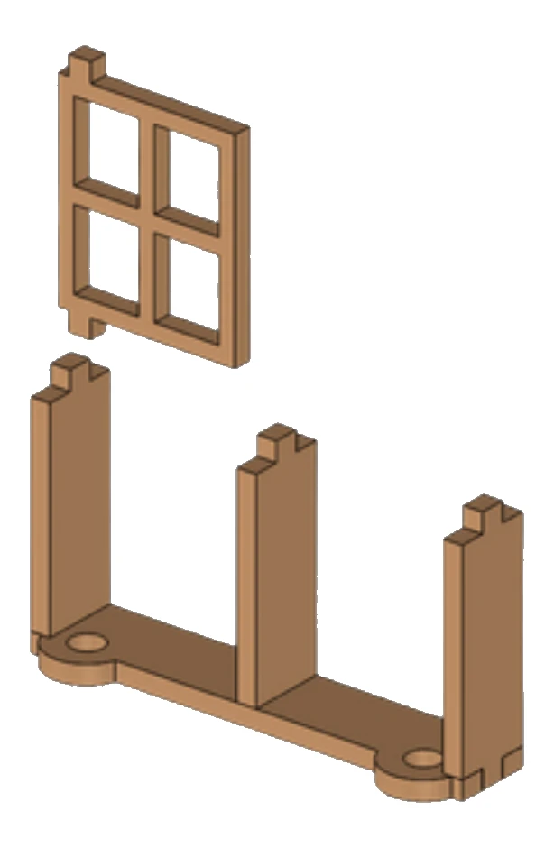 Step 4: Stand the first window frame in its opening. Its bottom pin goes into the round hole.