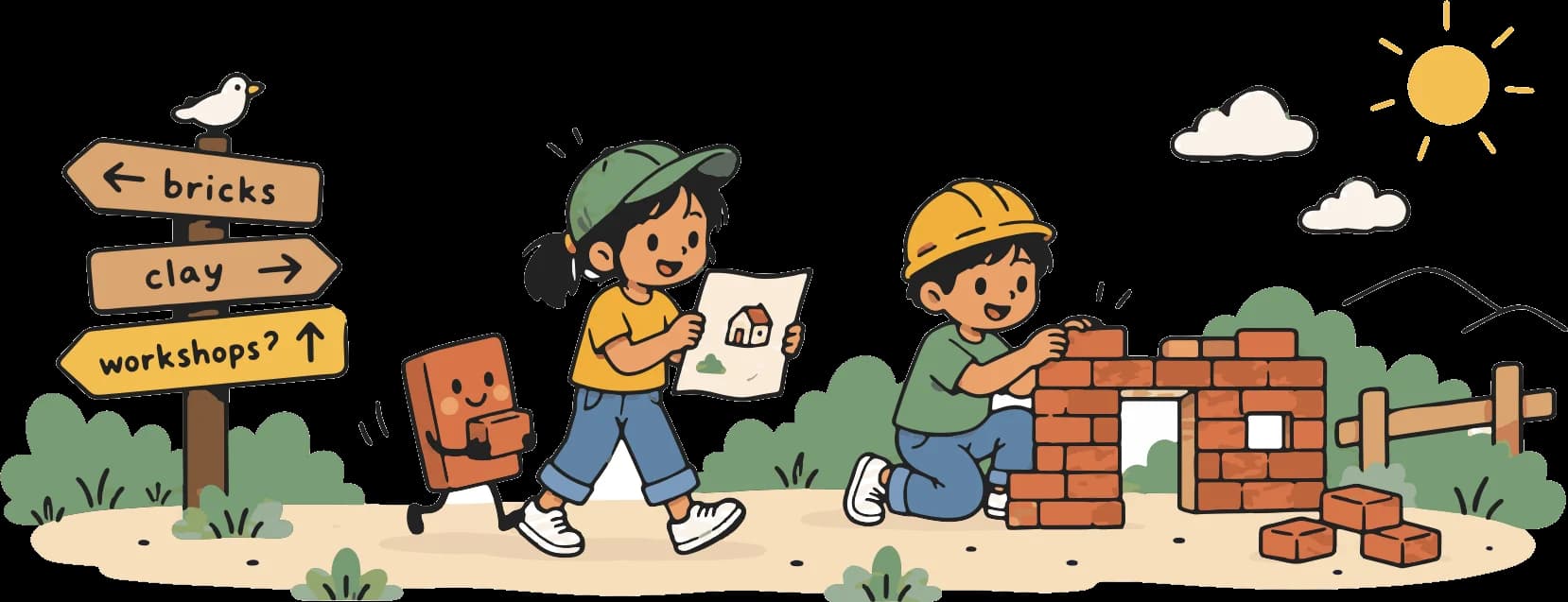 A girl in a green cap reads a plan for a little house. A clay brick with legs carries a brick behind her. A signpost points to bricks, clay and workshops, and a boy in a hard hat builds a brick wall on the right.