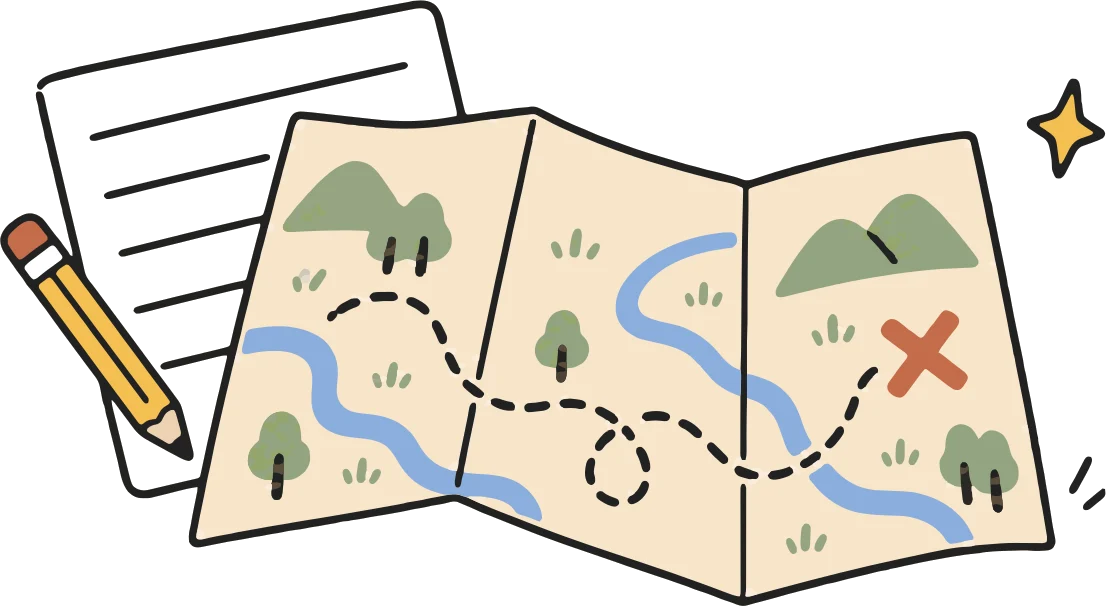 A folded map with rivers drawn on it, and a printed practice sheet