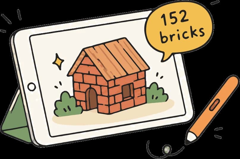 A brick house drawn on a tablet, with a brick count beside it