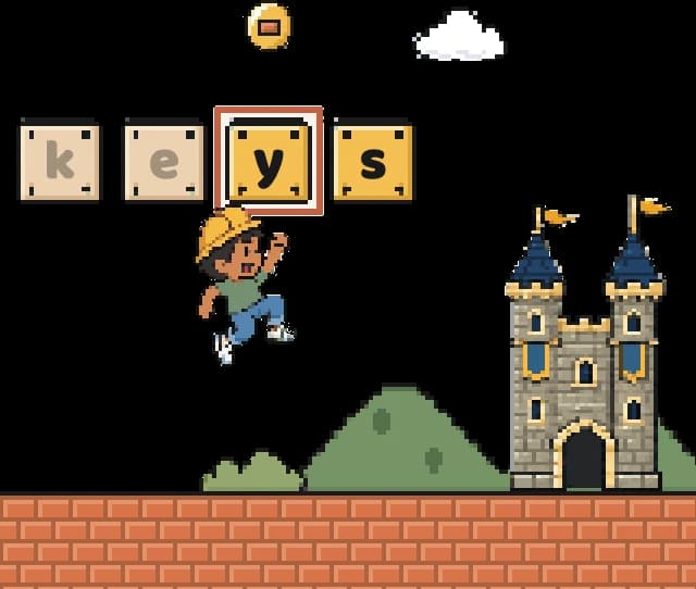 The boy in pixel art jumps at letter blocks that spell keys, with a castle behind him