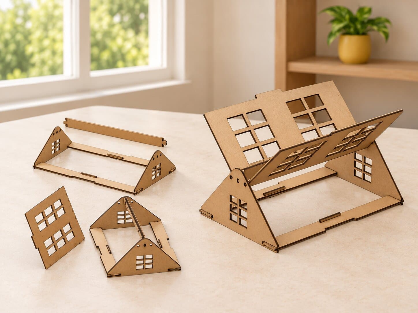 The wooden roof on a table